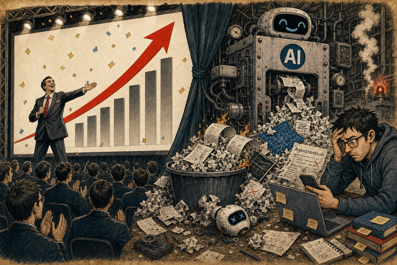 Comic showing AI revenue rising while user output quality burns down